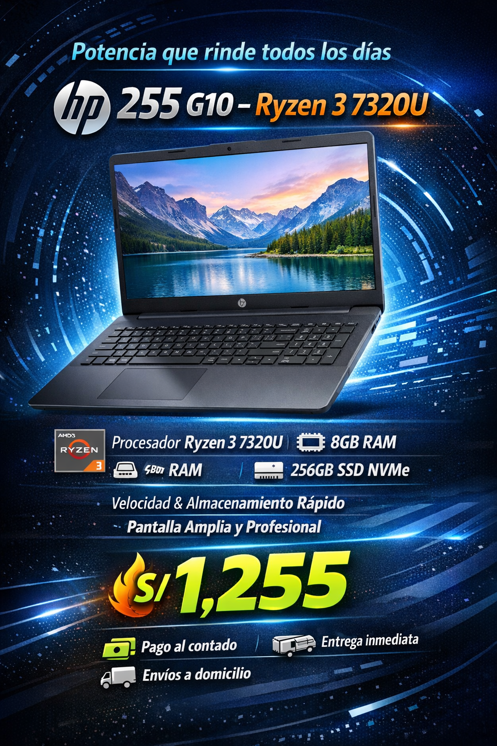 Laptop HP 255 G10 – Ryzen 3 7320U 8GB RAM 256GB SSD NVMe