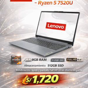 Lenovo IdeaPad Slim 3 – Ryzen 5 7520U, 8GB RAM | 512GB SSD, Pantalla Full HD 15.6"