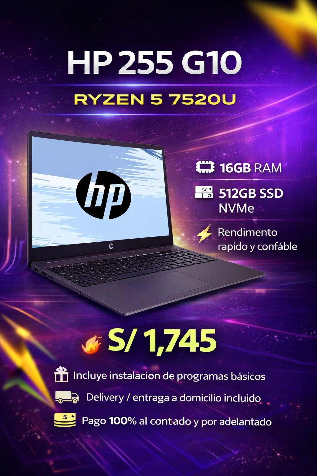 HP 255 G10 – Ryzen 5 7520U| 16GB RAM | 512GB SSD NVMe