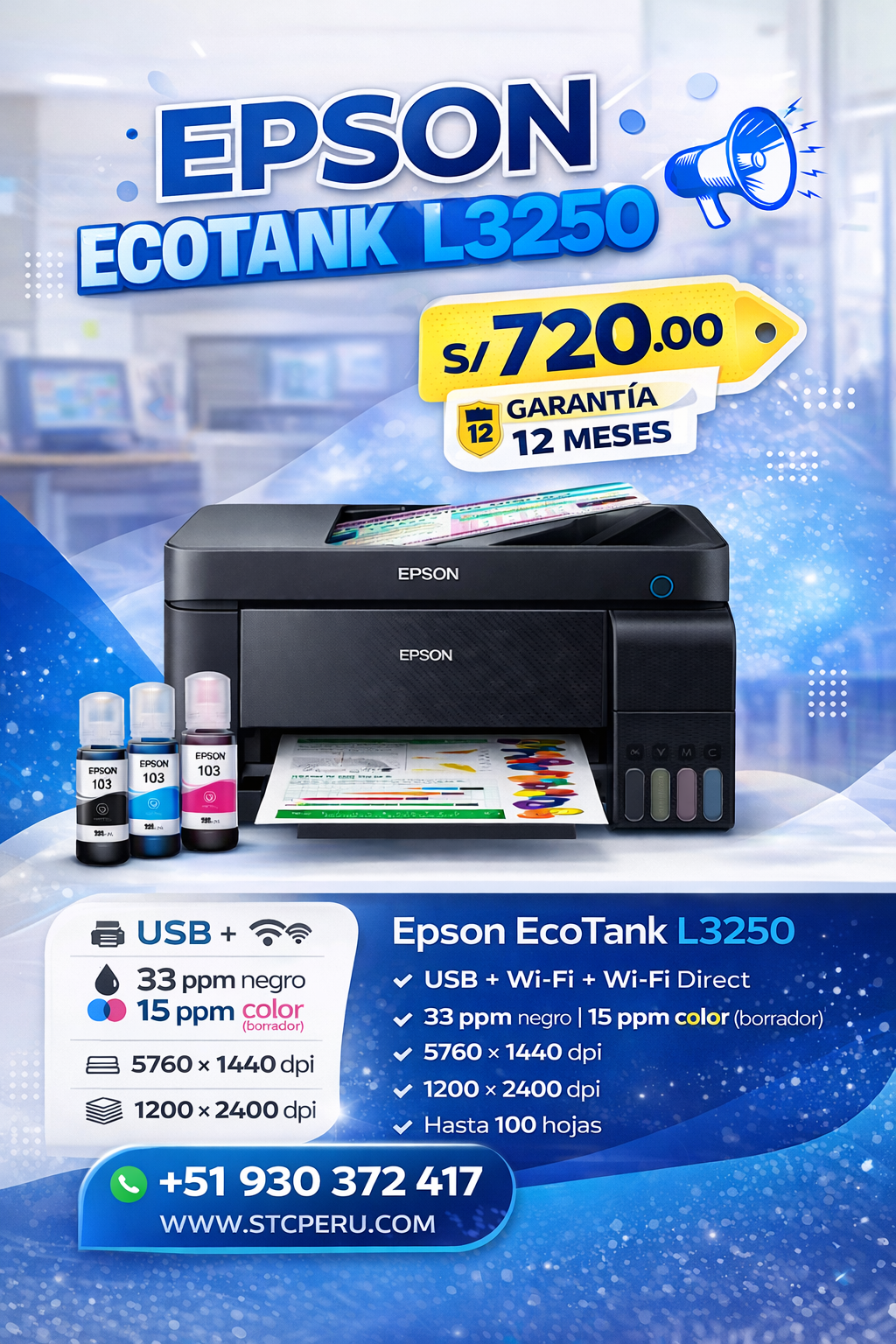 Impresora Multifuncional Inlámbrica EcoTank L3250