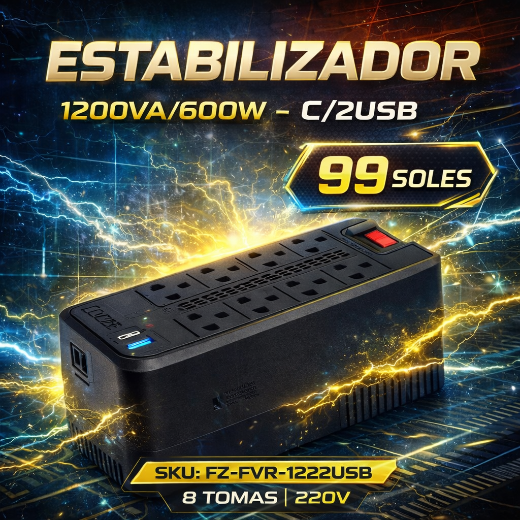 ESTABILIZADOR 8 TOMAS 1200VA/600W C/2USB 220V/SKU: FZ-FVR-1222USB