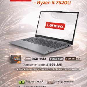 Lenovo IdeaPad Slim 3 – Ryzen 5 7520U, 8GB RAM | 512GB SSD, Pantalla Full HD 15.6"